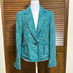 Style & Co Aqua Blue Tweed Fringe One Button Blazer Jacket Size 10